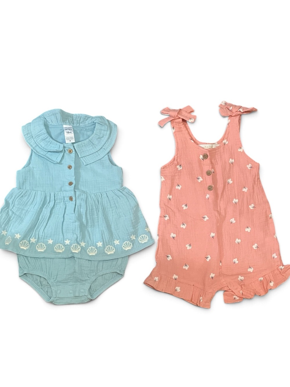 Toddler Girl Seashell Blue Bodysuit & Coral Romper Set